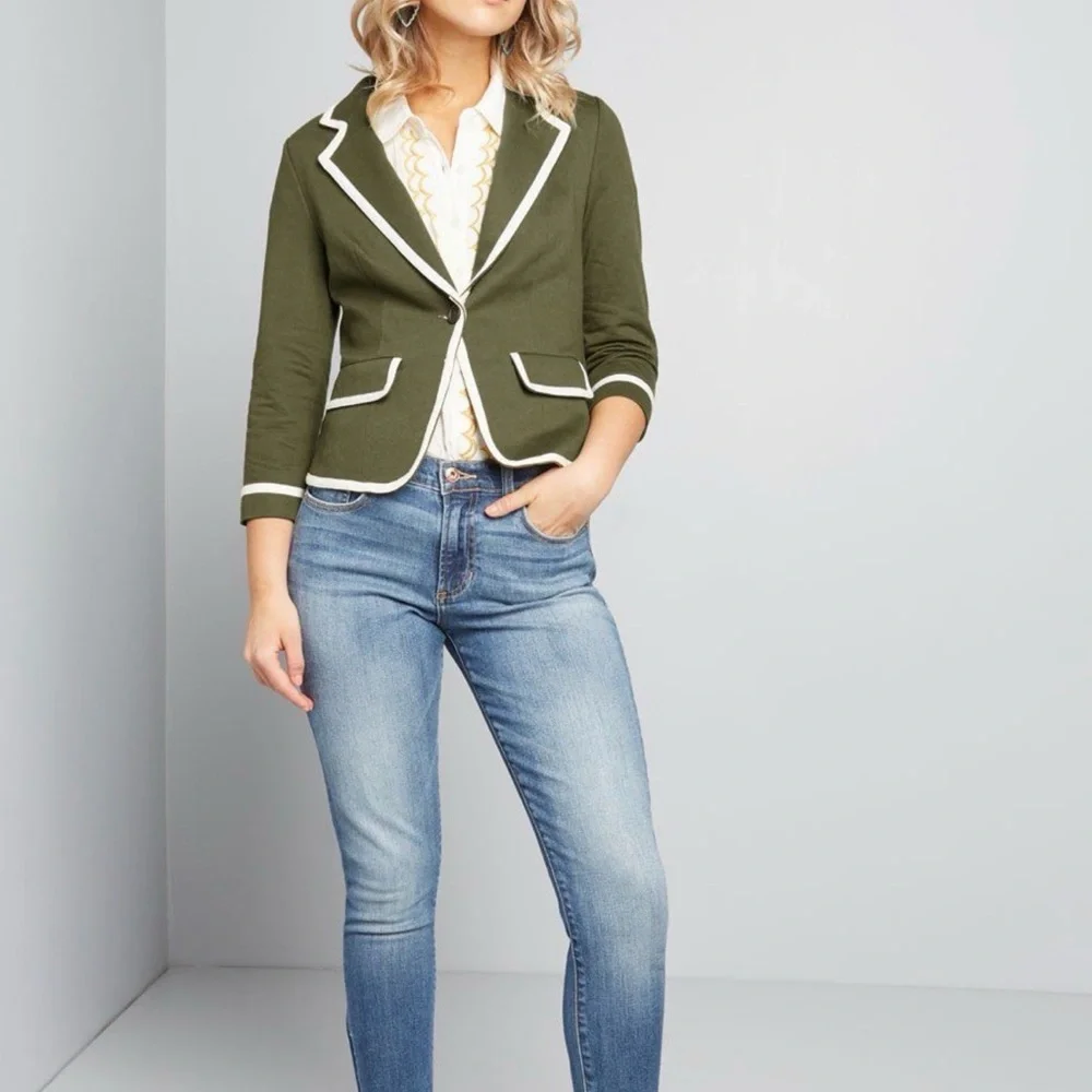 Modcloth NWOT Olive Green Blazer with White Piping Button and Pockets - Picture 1 of 6